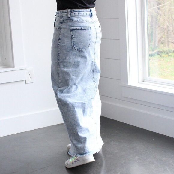 NWT Be-Girl Long Modest Acid Jean Skirt Sz Medium Sand Blush Maxi Stretch Denim - Picture 8 of 14